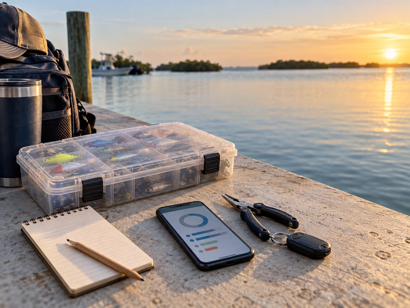 Prepared fishing tackle box, phone, and checklist beside calm water at sunrise