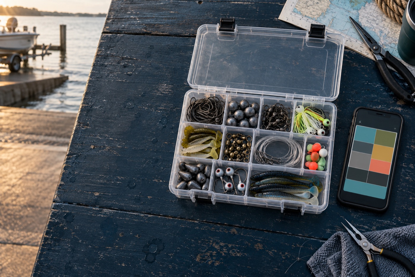 Open fishing tackle box organized beside a phone on a dockside workbench
